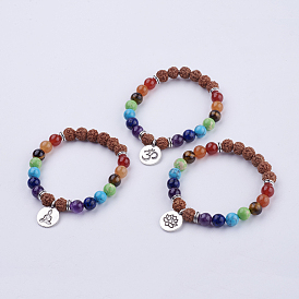 Yoga Chakra Jewelry, Gemstone and Bodhi Wood Stretch Charm Bracelets, with Tibetan Style Alloy Pendant