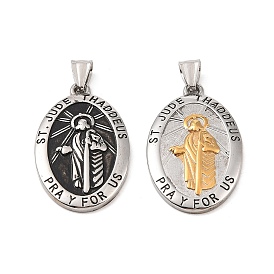 304 Stainless Steel Pendants, Oval with Saint Jude Charm