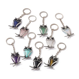 Owl Natural & Synthetic Gemstone Pendant Keychain, with Alloy & Iron Findings