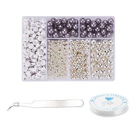 DIY Necklace Making, with ABS Plastic, Alphabet Style & Imitation Pearl Acrylic Beads, with Clear Elastic Crystal Thread, Curved Tip 410 Stainless Steel Pointed Tweezers