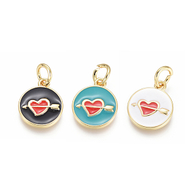 Golden Plated Brass Charms, with Enamel and Jump Rings, Flat Round with A Arrow Through Heart