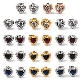 Ion Plating(IP) 304 Stainless Steel Heart Stud Earrings, with Micro Pave Cubic Zirconia