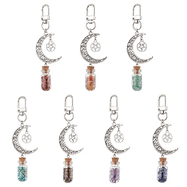 7Pcs 7 Styles Chakra Natural & Synthetic Gemstone Chip Beads inside Glass Wishing Bottle Pendant Decorations, Alloy Moon and Swivel Lobster Claw Clasps Charms for Bag Ornaments