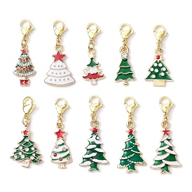 10Pcs Christmas Tree Alloy Enamel Pendant Decorations, 304 Stainless Steel Lobster Claw Clasps Charms for Bag Ornaments