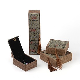 Rectángulo arpillera joyas collar cajas, con terciopelo y colgantes de la decoración de la borla
