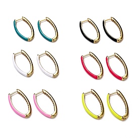 Brass Micro Pave Clear Cubic Zirconia Huggie Hoop Earrings, with Enamel, Oval, Real 18K Gold Plated