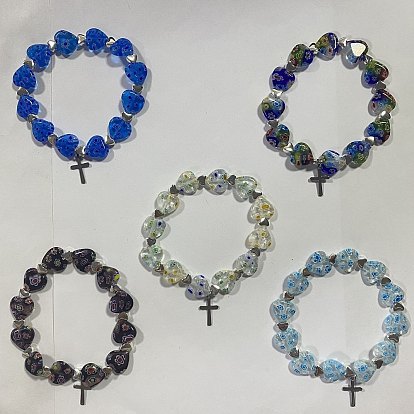Lampwork & Alloy Beads Stretch Bracelets, with 304 Stainless Steel Cross Pendants