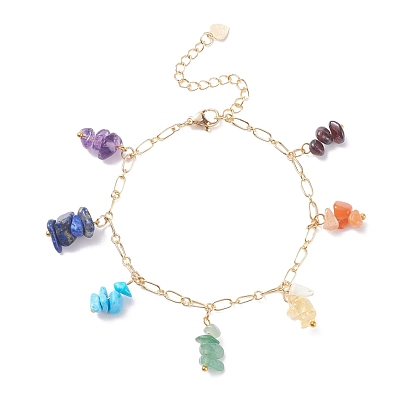 Natural & Synthetic Mixed Gemstone Chips Charm Bracelet, 7 Chakra Bracelet with Brass Chains for Women, Golden