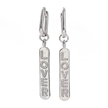 Boucles d'oreilles créoles en laiton avec pavé de zircons cubiques transparents, pour Saint Valentin, avec des cartons, rectangle avec mot amoureux