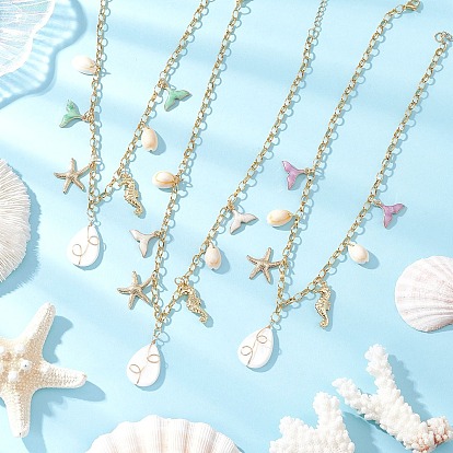 3 шт. 3 стили, подвеска в виде капли, китового хвоста, морской звезды и натуральной ракушки, сплав, эмаль 304 ожерелья из нержавеющей стали с цепочкой для женщин, золотые