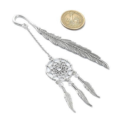 Tibetan Style Alloy Feather Bookmarks, Woven Net/Web Pendant Bookmark with Long Chain