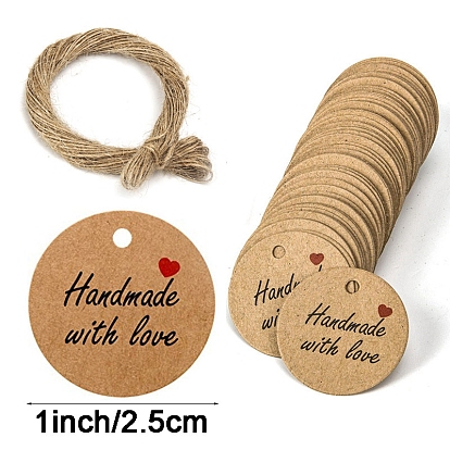 Kraft Paper Gift Tags, Hange Tags, with Hemp Rope, for Arts, Crafts and Food, Flat Round with Word Pattern