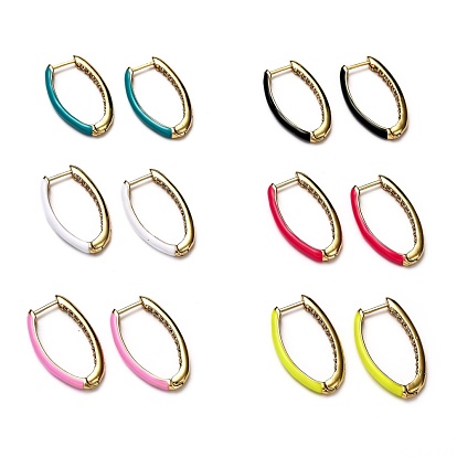 Brass Micro Pave Clear Cubic Zirconia Huggie Hoop Earrings, with Enamel, Oval, Real 18K Gold Plated