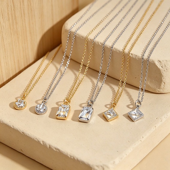 Brass Pave Clear Cubic Zirconia Geometric Pendant Necklaces