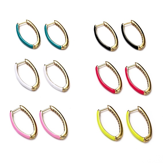 Brass Micro Pave Clear Cubic Zirconia Huggie Hoop Earrings, with Enamel, Oval, Long-Lasting Plated, Golden