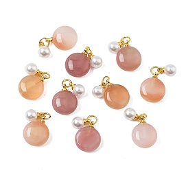 Природные сердолик подвески, плоские круглые подвески с белыми пластиковыми круглыми бусинами, имитирующими жемчуг, и латунной фурнитурой, золотые