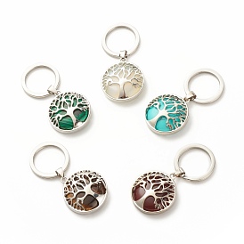 Synthetic & Natural Stone Keychain, with 304 Stainless Steel Split Key Rings, Flat Round with Tree of Life