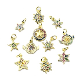 Brass Micro Pave Colorful Cubic Zirconia Pendants, with Jump Ring, Star Charm