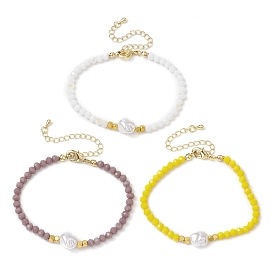 3Pcs 3 Colors Glass Beaded Bracelets Sets for Women, with Plastic Imitation Pearl Beads & Golden Plated Findings, Faceted, Nuggets