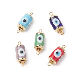 Handmade Evil Eye Lampwork Connector Charms, Column Links, with Golden Plated Brass Double Loops