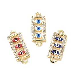 Brass Micro Pave Clear Cubic Zirconia Connector Charms, Rectangle with Evil Eye Links, with Enamel, Long-Lasting Plated, Rack Plating, Lead Free & Cadmium Free, Real 18K Gold Plated