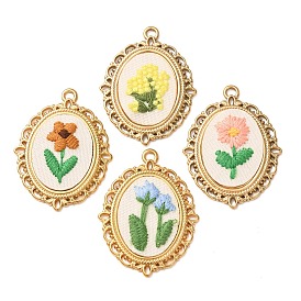 304 Stainless Steel & Cloth Embroidered Pendants, Oval with Flower Charms, Ion Plating(IP), Long-Lasting Plated, Real 18K Gold Plated