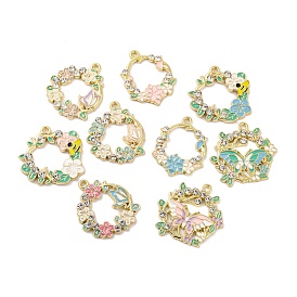 Rack Plating Alloy Enamel Pendants, with Rhinestone, Golden, Wreath Charm