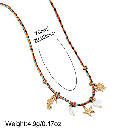 Летние пляжные плетеные веревочные ожерелья-нагрудники, Подвеска-колье из нержавеющей стали в форме морской звезды, ракушки и сердца, украшенная искусственным жемчугом., золотые