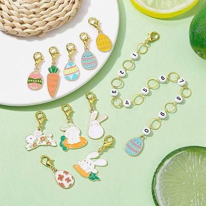 11 Style Easter Theme Acrylic Beaded Knitting Row Counter Chains & Locking Stitch Markers Kits, with Alloy Enamel Pendants, Egg/Carrot/Rabbit