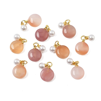 Природные сердолик подвески, плоские круглые подвески с белыми пластиковыми круглыми бусинами, имитирующими жемчуг, и латунной фурнитурой, золотые