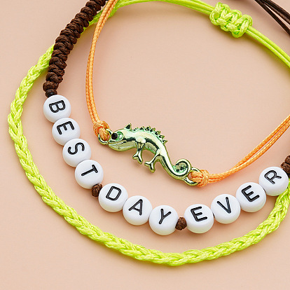 Neon Green Dino Alphabet Beads Bracelet with Vibrant Braided Cord