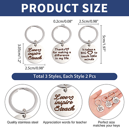 ARRICRAFT 6Pcs 3 Style 304 Stainless Steel Lettering Keychains, Teachers' Day Theme, Flat Round with Word