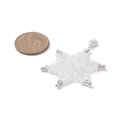 Snowflake Glass Bead Pendant Decorations, with 304 Stainless Steel Lobster Claw Clasps