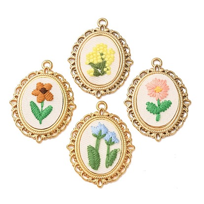 304 Stainless Steel & Cloth Embroidered Pendants, Oval with Flower Charms, Ion Plating(IP), Long-Lasting Plated, Real 18K Gold Plated