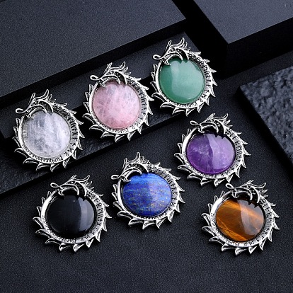 Gemstone Metal Flying Dragon Wrapped Pandants, Flat Round Charms, Antique Silver