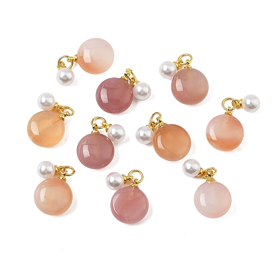 Природные сердолик подвески, плоские круглые подвески с белыми пластиковыми круглыми бусинами, имитирующими жемчуг, и латунной фурнитурой, золотые