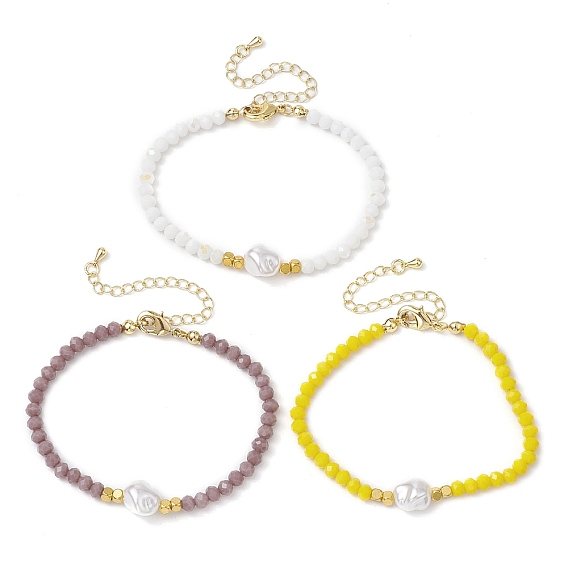 3шт 3 цвета стеклянные бусины браслеты наборы для женщин, с пластиковыми бусинами, имитирующими жемчуг, и позолоченной фурнитурой, граненые, самородки