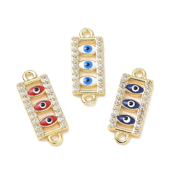 Brass Micro Pave Clear Cubic Zirconia Connector Charms, Rectangle with Evil Eye Links, with Enamel, Long-Lasting Plated, Rack Plating, Lead Free & Cadmium Free, Real 18K Gold Plated
