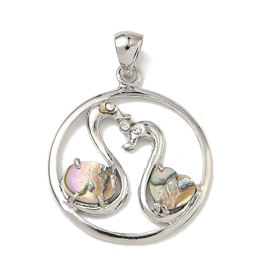 Natural Shell Pendants, Brass Crystal Rhinestone Ring with Swan Charms, Platinum