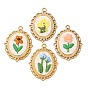 304 Pendentifs brodés en acier inoxydable et tissu, ovale avec breloques fleurs, placage ionique (ip), plaqué longue durée, réel 18 k plaqué or