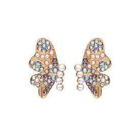Golden Butterfly Pearl Stud Earrings with Insect Diamond Accent Jewelry