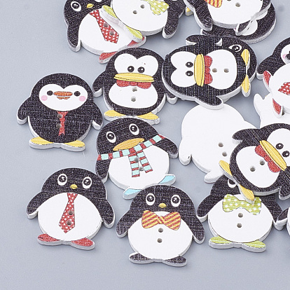 2-Hole Wooden Printed Buttons, Dyed, Penguin