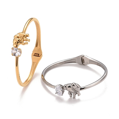 Clear Cubic Zirconia Elephant Cuff Bangle, 304 Stainless Steel Hinged Open Bangle for Women, Ion Plating(IP)
