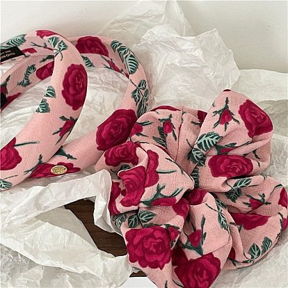 Pink Rose Floral Thickened Sponge Headband - Pleated Fabric Sausage Loop Hair Tie New.