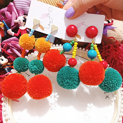 Круглые полиэстеровые серьги-гвоздики с подвесками, с пластиковыми и бисерными серьгами-гвоздиками