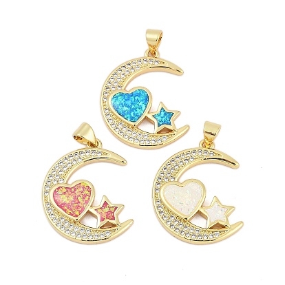 Латунные микро проложить кубического циркония подвески, с синтетическим опалом, долговечный, стойки покрытие, без свинца и без кадмия, луна с сердцем и звездой, реальный 18 k позолоченный