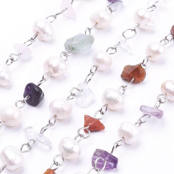 Handmade Natural Gemstone Beaded Chains, Unwelded, with Grade A Pearl Beads and 304 Stainless Steel Eye Pin, Platinum