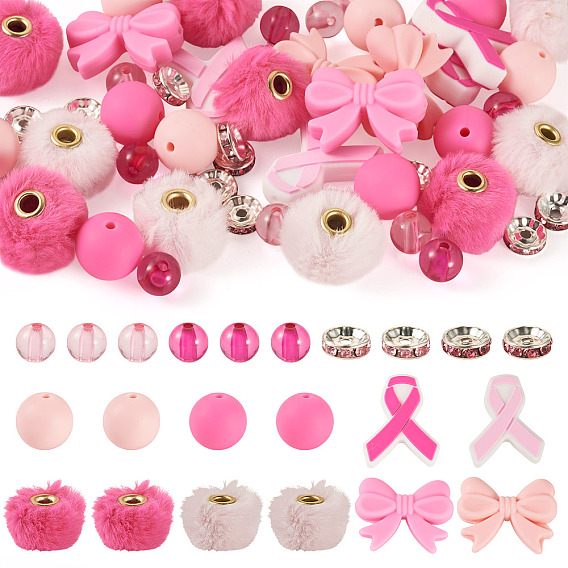 48шт. наборы для самостоятельной сборки украшений на тему осведомленности о раке груди, включая 18шт. силиконовых бусин, 10железные бусины со стразами шт., 10шт акриловые бусины, 10 шт. искусственный мех норки европейские бусины