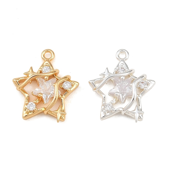 Brass Micro Pave Clear Cubic Zirconia Pendants, Star Charms