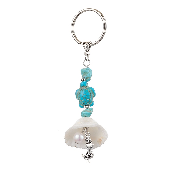 Synthetic Turquoise Keychain, with Tibetan Style Alloy Pendants and Shell Pendants, Mermaid